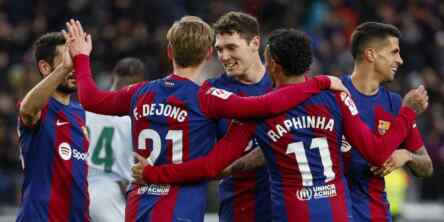 Foto: Gelandang Barcelona Fermin Lopez merayakan gol ke gawang Getafe pada pertandingan La Liga, Sabtu (24/2/2024).