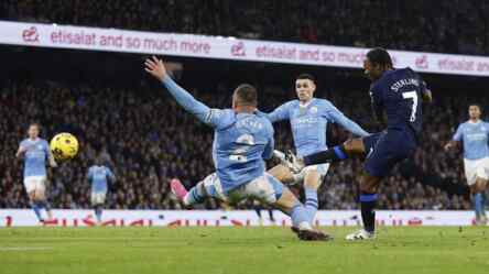 Foto: Raheem Sterling cetak satu gol ke gawang Man City.