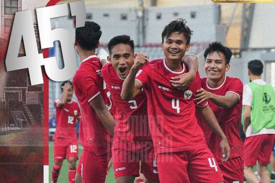 Foto: Pemain timnas Indonesia U-23 Komang Teguh Trisnanda merayakan gol yang dicetaknya ke gawang Australia pada pertandingan Grup A Piala Asia U-23 2024 di Stadion Abdullah bin Khalifa, Doha, Qatar, Kamis (18/4/2024).