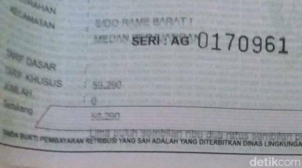 Foto: Potongan slip retribusi sampah yang ditagihkan ke warga Medan.