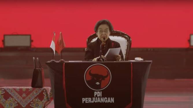 Foto: Megawati Soekarnoputri dalam acara Rakernas PDIP, Jumat (24/5/2024).