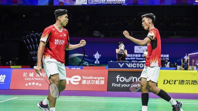 Foto: Bagas Maulana/M Shohibul Fikri lolos ke babak 16 besar Thailand Open 2024.