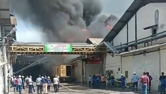 Foto: Gudang PT Musim Mas terbakar di Jalan KL Yos Sudarso, Medan, Senin (10/6/2024).