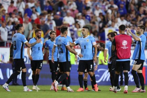 Foto: Pemain Uruguay merayakan kemenangan mereka atas Brasil pada laga perempat final di Copa America 2024 di Allegiant Stadium, Las Vegas 6 Juli 2024 in Las Vegas, Nevada.