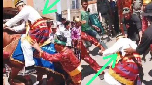 Foto: Bakal cabup Dompu, Kader Jaelani, jatuh dari kuda saat hendak daftar ke KPUD.