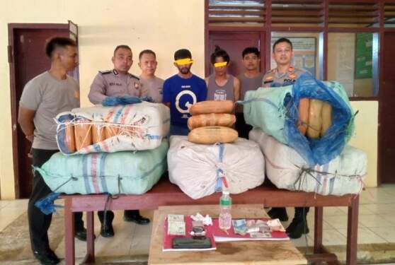 Foto: Dua pelaku dan barang bukti ganja yang diamankan petugas.