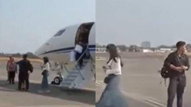 Diduga Kaesang Pangarep dan Erina Gudono turun dari jet pribadi Gulfstream G650ER.
