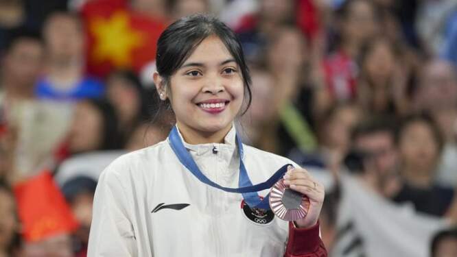 Foto: Senyum Gregoria saat raih medali perunggu Olimpiade Paris 2024.