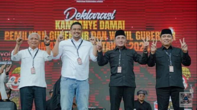 Foto: Bobby-Surya dan Edy-Hasan saat menghadiri deklarasi kampanye damai Pilgub Sumut 2024. Instagram @bobbynst
