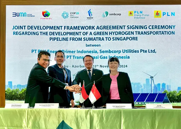 Foto: PT TGI, Sembcorp dan PT PLN EPI menandatangani Joint Development Framework Agreement (JDFA) pada tanggal 13 November 2024 di COP29 Baku, Azerbaijan.(Dok:PGN)
