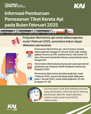 KAI menginformasikan terkait belum dapat dilayaninya pemesanan tiket kereta api untuk perjalanan Februari 2025.(Dok:KAI Divre I SU)