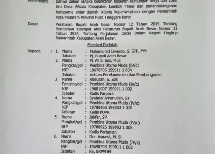 Foto: Daftar nama pejabat Aceh Besar yang mengikuti kunjungan kerja dan studi banding ke Lombok.(Ist)
