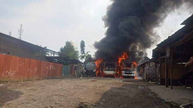 Api melahap 3 bus pariwisata.
