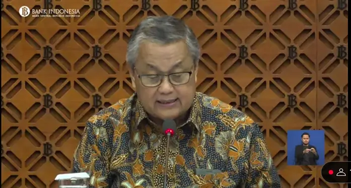 Gubernur Bank Indonesia (BI) Perry Warjiyo dalam konferensi pers Hasil Rapat Dewan Gubernur Bulan Februari 2025 di Gedung BI Jakarta, Rabu (19/2/2025).(tangkapan layar)