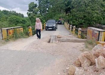 Seorang wanita yang mengendarai mobil tidak berani melintasi jembatan yang rusak di Kecamatan Batang Onang. 