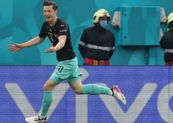 Arsip foto - Pemain penyerang Austria Michael Gregoritsch merayakan gol. (Foto: Marko Djurica / Pool / AFP) (AFP/Marko Djurica)