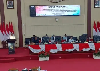Ketua Fraksi PSI DPRD Medan Renville Pandapotan Napitupulu membacakan pemandangan umum fraksiya atas LPj pelaksanaan APBD Kota Medan TA 2024.(Ist)