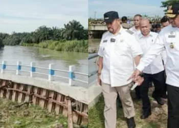 Gubernur Sumut Bobby Nasution bersama Bupati Batu Bara Baharuddin Siagian meninjau  tanggul sungai yang rusak di Kabupaten Batubara, Rabu (11/6/2025).(istimewa)