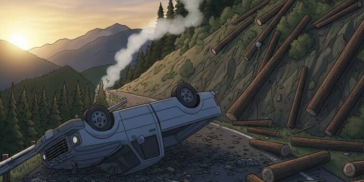 Ilustrasi mobil terbalik.(Foto AI)