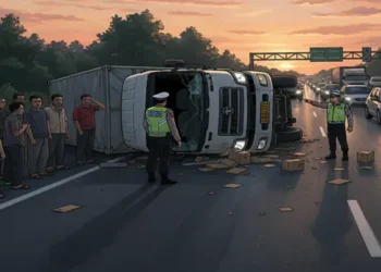 Foto: Truk Box Terguling di Jalinsum Dekat Tol Indrapura 9