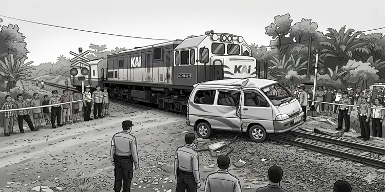 Foto: Ilustrasi kecelakaan lalu lintas kereta api dan minibus.(Foto dihasilkan AI)