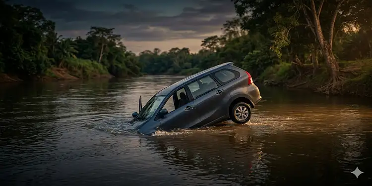 Foto: ilustrasi mobil terjun ke sungai.(Foto dihasilkan AI)