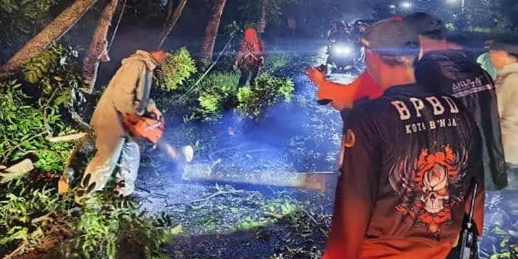 Foto: Petugas bekerja cepat menyingkirkan dahan serta batang pohon yang melintang guna membuka kembali akses jalan yang sempat terhambat.(Istimewa)